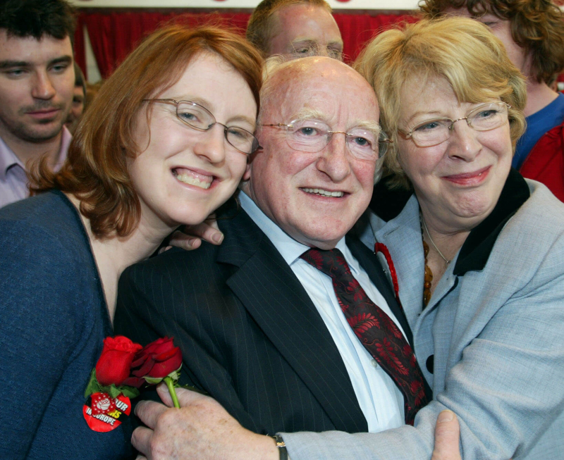 Deputy Michael D Higgins with his wife Sabina and their daughter Alice Mary as he is re-elected at the Galway West count at NUI Galway yesterday. Photograph Joe O'Shaughnessy. 265'07