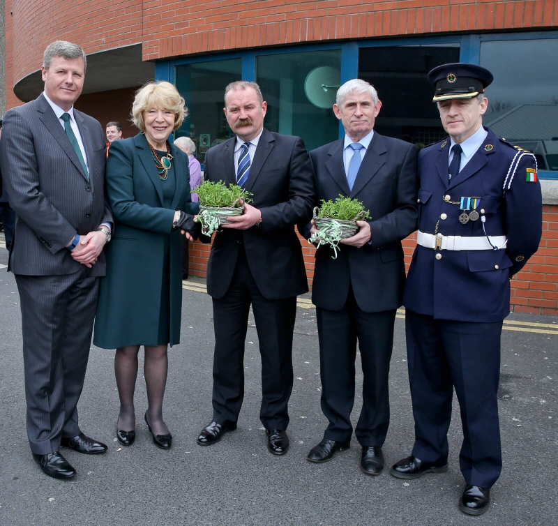 Sabina Higgins with Campus Governor Martin O’ Neill as she presents a bowl of Shamrock to Governor Fergus Woods and assistant Governor Ronan Maher with Chief officer Kelly at Cloverhill Prison