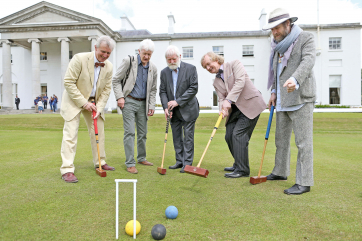 Pictured before meeting the President and enjoying a spot of Croquet on the lawn were musicians including Ken Hartnett , Michael Howard, John Sheahan, Noel O'Grady and Liam O 'Maonlai.