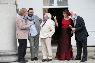 Pictured chatting was musicians Noel O'Grady, Liam O 'Maonlai, President Michael D. Higgins , President's wife Sabina and John Sheahan.