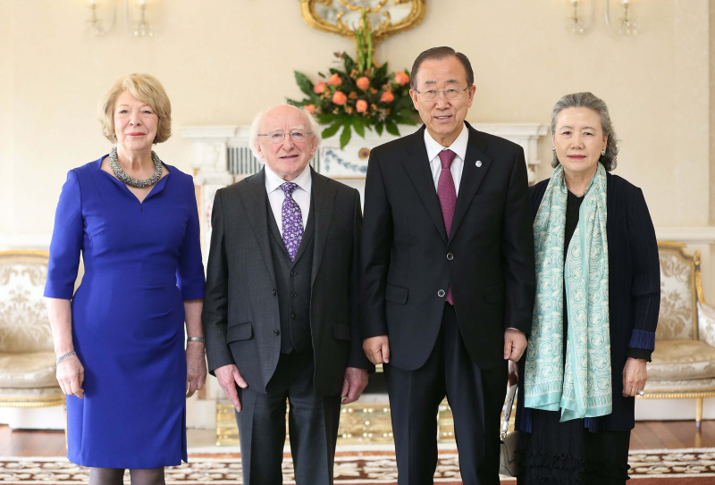 President Michael D. Higgins and United Nations Secretary General Ban Ki Moon with his wife, Yoo Soon-taek and Mrs Sabina Higgins  in Áras an Uachtaráin today on the occasion of the 60th anniversary of Ireland’s membership of the United Nation
