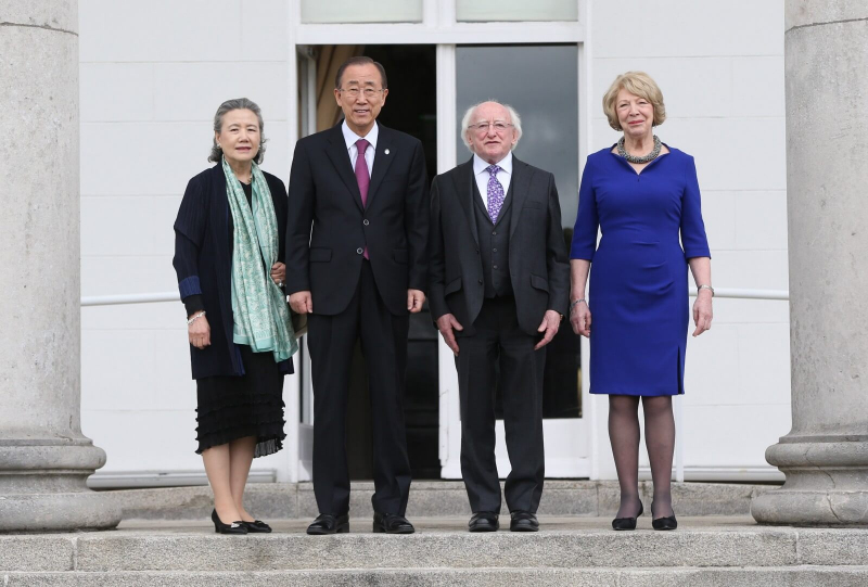 President Michael D. Higgins and United Nations Secretary General Ban Ki Moon with his wife, Yoo Soon-taek and Mrs Sabina Higgins in Áras an Uachtaráin today on the occasion of the 60th anniversary of Ireland’s membership of the United Nations.