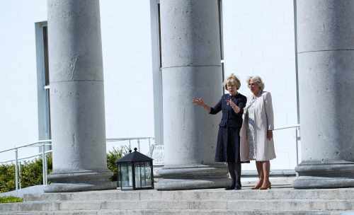 Sabina Higgins and the Duchess of Cornwall taking a tour of the gardens at Áras an Uachtaráin