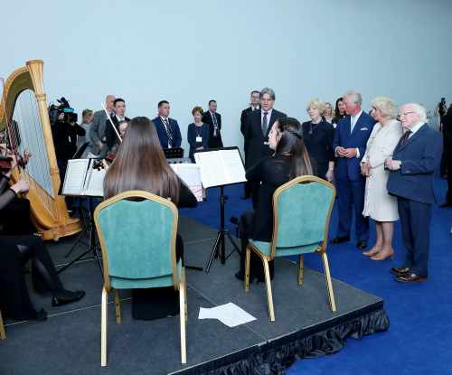 Sabina Higgins, HRH The Prince of Wales, the Duchess of Cornwall and Michael D Higgins listening to music by the National Youth Orchestra