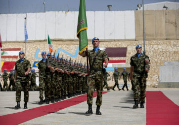 The Guard of Honour Assemble prior to the arrival of President Michael D Higgins and his wife Sabina during their visit to the  FINIRISH BATT HQ in South Lebanon 