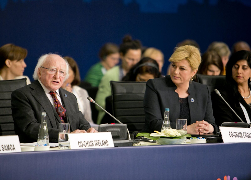 President Higgins giving his address as co chair at a roundtable discussion on  'Women and Girls - Catalyising Action to Achieve Gender Equality' with the  President of Croatia Kolinda Grabar-Kitarovic