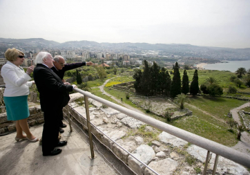 President Michael D Higgins and his wife Sabina, with Yazid Mahfouz, Byblos Tour Guide, during a visit to the UNESCO World Heritage Site, 'Byblos'