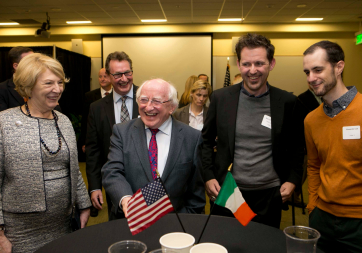 President Higgins and Sabina Higgins are pictured in Microsoft Offices, Seattle with Irish employees of Microsoft. 