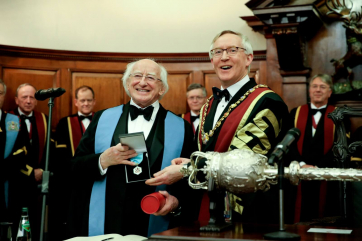 Pictured at the Royal College of Surgeons in Ireland are President Higgins as he receives his Honorary Fellowship from Mr Declan Magee RCSI