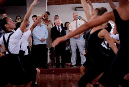President Higgins joined by Minister of state David Stanton as he visited Escuela Nacional de Danza