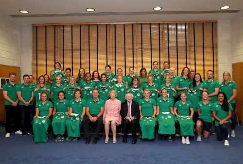 President meets the Ireland Women’s Rugby Team and presents the players with their jerseys
