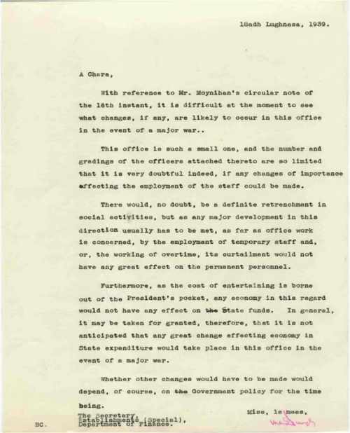 Letter regarding the possible Effect of War on the Office of President