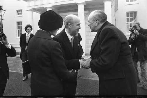 President Cearbhall O Dalaigh greets Nobel Peace Prize winner the former Minister Sean McBride