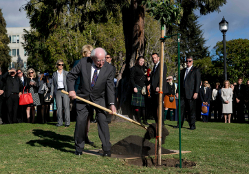 President Higgins plants a tree at the Martin Luther King Civic Centre in memory of those who died in the Berkeley tragedy.