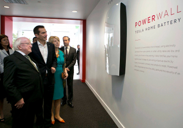President Higgins and Sabina Higgins are pictured at the Tesla Factory with Mateo Jaramillo, Director, Powertrain Business Development, Tesla.