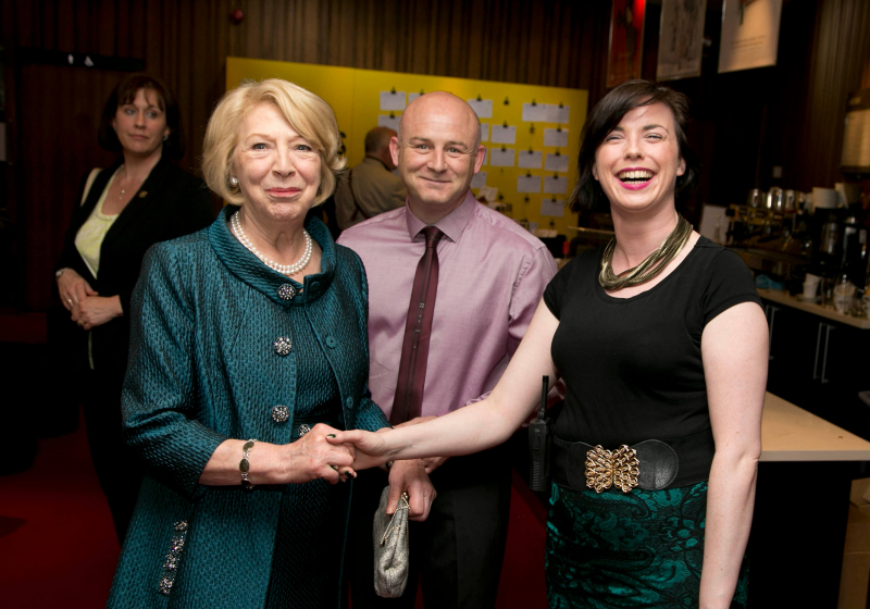 Sabina Higgins with Abbey staff members Aoife Brady and Con Doyle at the launch of Handbook of the Irish Revival