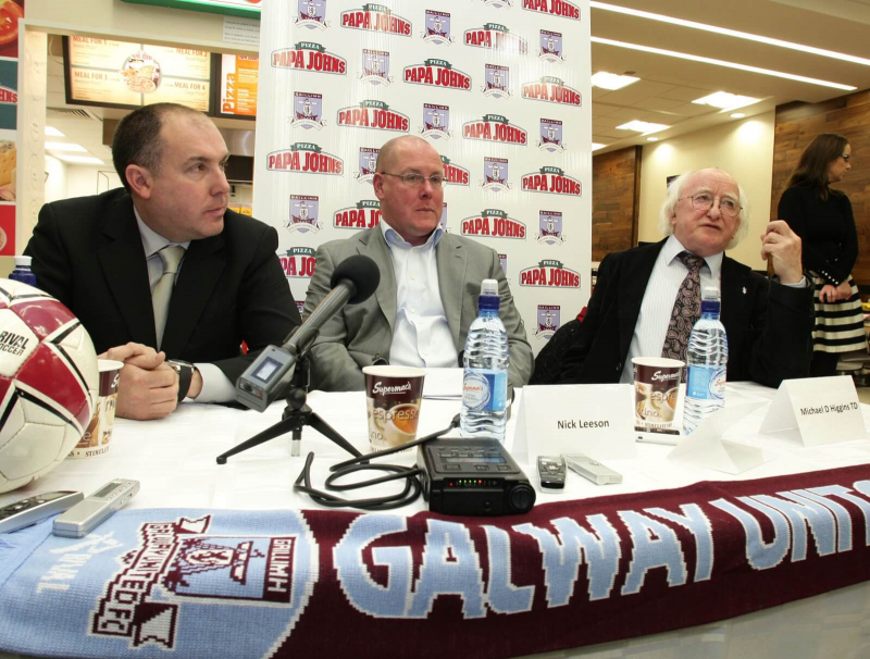 Sean Connor newly appointed manager of Galway United with Nick Leeson, CEO of the Club, and Michael D Higgins, President,at Supermacs