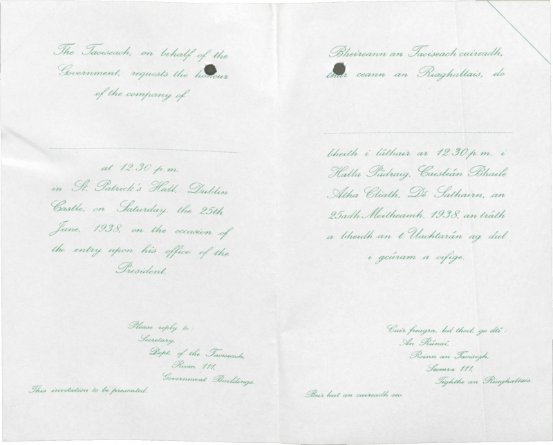 Invitation to Inauguration ceremony for Dr Douglas Hyde 25 June 1938 