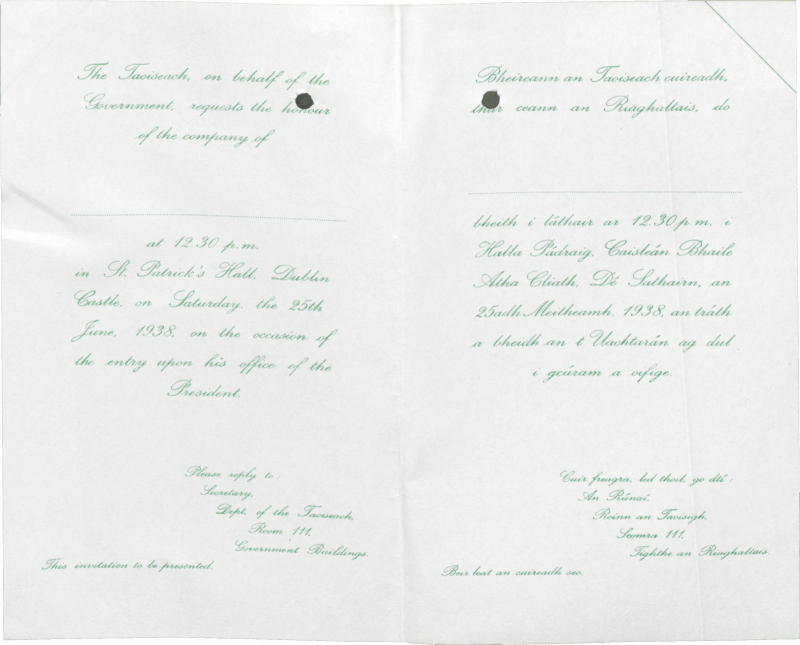 Invitation to Inauguration ceremony for Dr Douglas Hyde 25 June 1938 