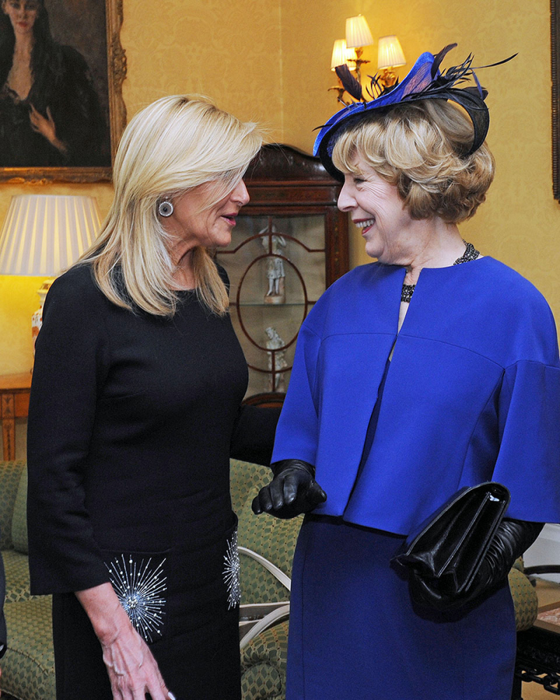 Mrs Sabina Higgins today attended a Fashion lunch at the Irish Embassy as part of the State Visit to the United Kingdom.  Pictured with Sabina Higgins is designer Louise Kennedy.